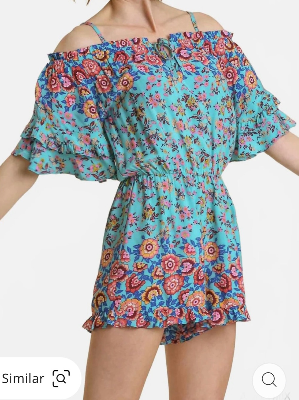 Umgee Turquoise Floral Off-Shoulder Romper with Ruffle Sleeves - Picture 5 of 5
